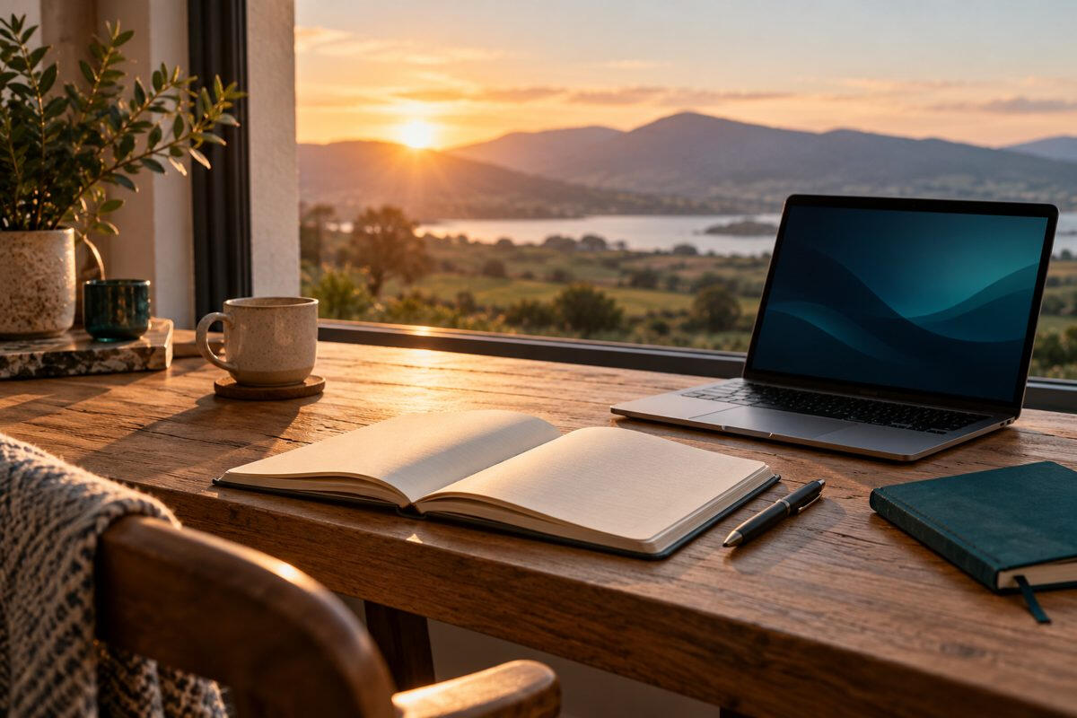 A laptop and open workbook on a wooden desk by a window at sunset.