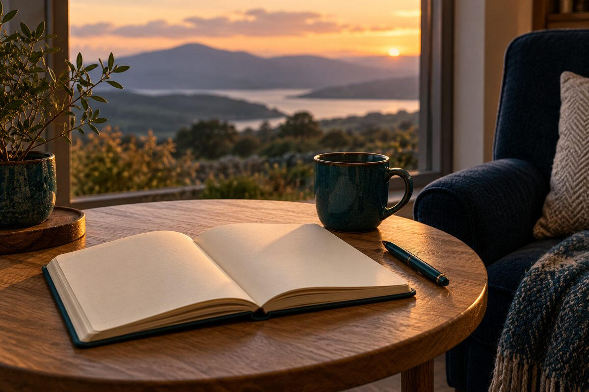 An open journal and mug on a table by a window overlooking hills at sunset.